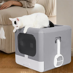 Cat Litter Box with Scoop and Tray Sifting Enclosed Foldable Kitten Toilet Detachable Poop Top Front Entry Pet Supplies