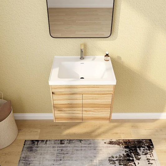 24 Inch Bathroom Vanity with Sink, Freestanding Bathroom Sink Cabinet with 2 Doors, Wall & Floor Mounted Bathroom