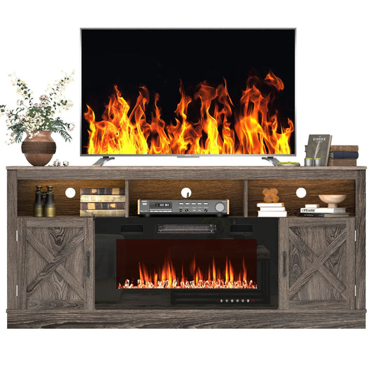 Farmhouse Fireplace TV Stand for 70/75/80” TV, 71” Entertainment Center with 36”Electric Fireplace & LED Light, White/Grey