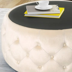 Velvet Ottoman Coffee Table, Upholstered Tufted Center Tables for Living Room, Button Tufted Coffee TableS with Tempered Glass