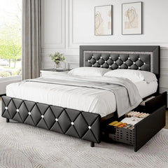 Full Size Bed Frame w LED Lights, Upholstered Bed Frame with 4 Storage Drawers,Platform Bed with Diamond Headboard and Footboard