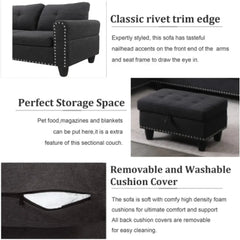 Sectional Sofa with Ottoman Nail-Head Design Linen Right Facing Modern Couches with Cup Holder L Shaped Sectional Sofa