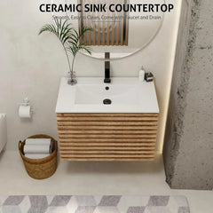 Floating Bathroom Vanity with Sink Combo Mid-Century Wall Mounted Cabinet Set with Wood Stripes, Drawers