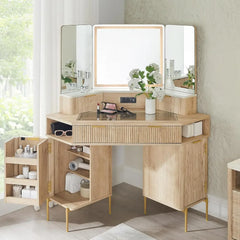 Fluted Makeup Vanity Desk with HD Triple Mirror and Lights,Modern Dressing Table Large Lighted Corner Vanity with Glass Top