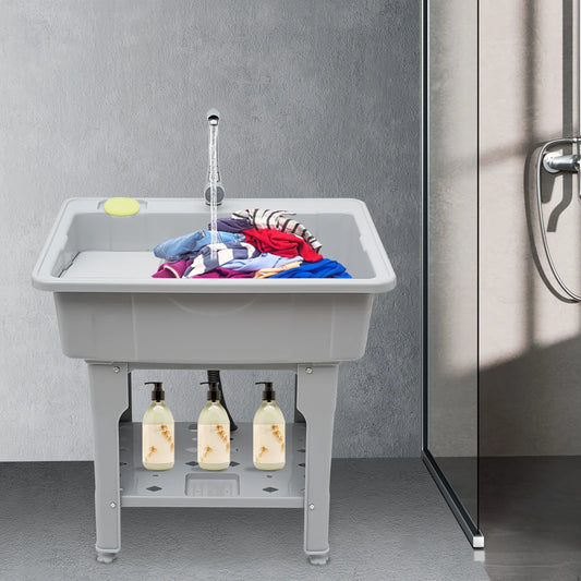 Laundry Sink Freestanding Plastic Laundry Sink with Washboard Utility Sink Laundry Tub with Faucet Hoses and Drain Kit