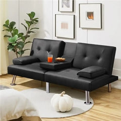 Convertible Futon Sofa Bed Recliner Lounger Folding Sleeper Guest Bed Cup Holder Removable Faux Leather Sofa