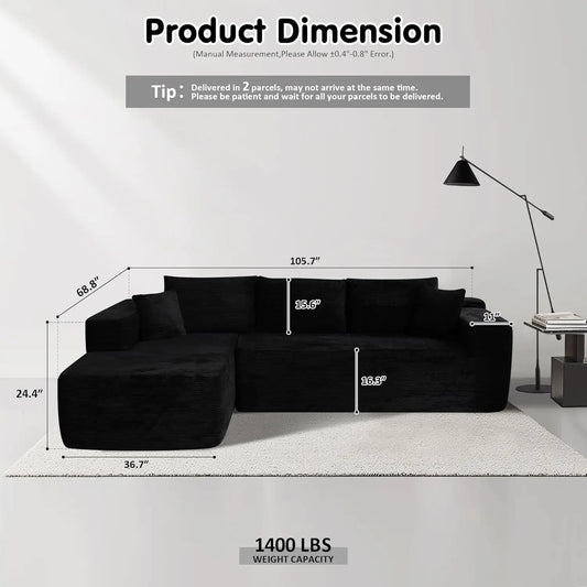 104" Cloud Sectional Couch with L-Shape Chaise Modern Modular Sofa with Deep Seat Upholstered Couches Black Corduroy Fabric