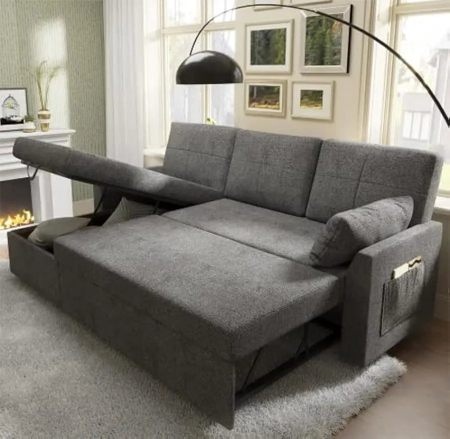 Sofa Bed, 2 in 1 Pull Out Couch Bed with Storage Chaise for Living Room, Sofa Sleeper with Pull Out Bed, Gray Chenille Couch