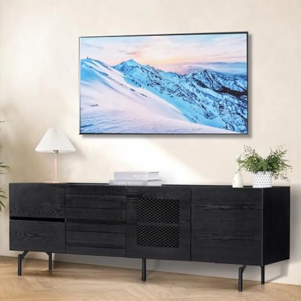 63” Minimalist TV Stand, Full-Assembled Black TV Console, Modern Solid Wood Media Console