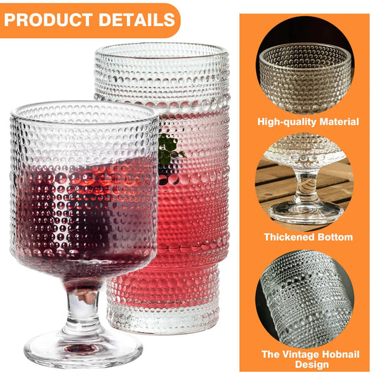 8PCS Vintage Drinking Glasses Hobnail Glassware Includes 8/16 Oz Goblet Wine Glasses Perfect for Beverages Beer Cocktail Whiskey