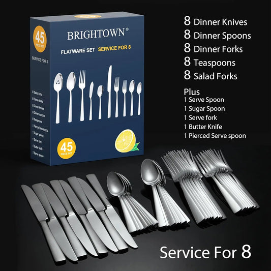 45-Piece Silverware Flatware Cutlery Set Service for 8,Durable 18/0 Stainless Steel Tableware in Ergonomic Design Size and Weigh