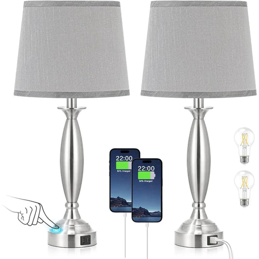 Bedrooms Touch Control Bedside Lamp with USB C+A, 3 Way Dimmable Nightstand Lamps with USB Port, Brushed Nickel Table Lamp for