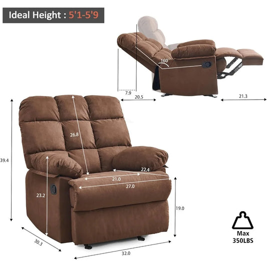 Rocker Recliner Chair, Overstuffed Large Manual Rocking Recliner, Upholstered Soft Fabric Living Room Reclining Sofa Chair