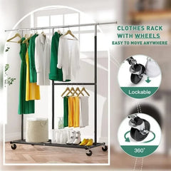 Clothing Rack for Hanging Clothes, Rolling Heavy Duty Clothes Rack with Wheels for Walk-in Closet