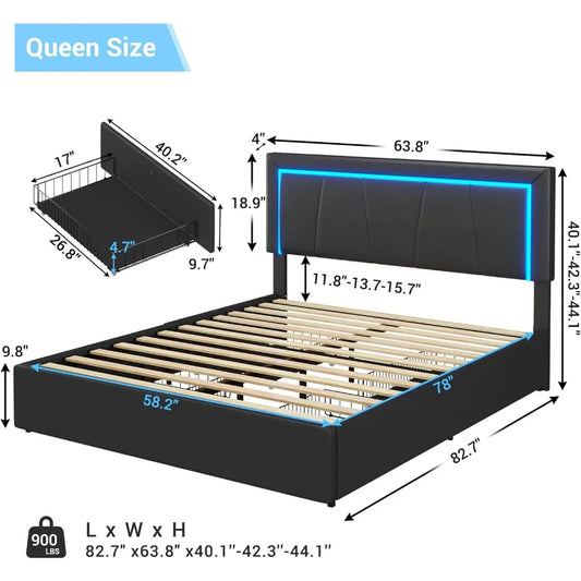 LED Bed Frame with 4 Drawers and USB Ports Upholstered Bed Frame with Storage Faux Leather Storage Bed with RGB LED Headboard