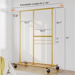 Clothing Rack for Hanging Clothes, Rolling Heavy Duty Clothes Rack with Wheels for Walk-in Closet