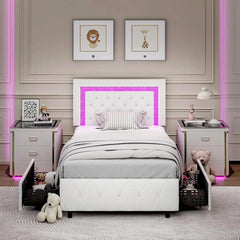 Full Size Bed Frame w LED Lights, Upholstered Bed Frame with 4 Storage Drawers,Platform Bed with Diamond Headboard and Footboard