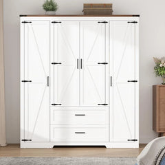 4 Doors Wardrobe Armoire Closet with Doors and Drawers, Farmhouse Wooden Armoire Storage Cabinet with Shelves & Hanging Rod