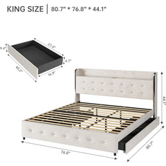 King Size Bed Frame with 4 Storage Drawers, Upholstered Platform Bed Frame with Wingback Tufted Headboard, No Box Spring Needed