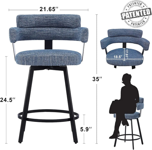 Counter Height Bar Stools with Full Back – Swivel Counter Stools Set of 2 with Linen Padded Back, Metal Footrest,Blue 24 inch