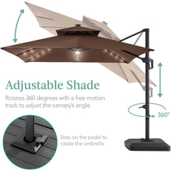 10x10ft 2-Tier Square Cantilever Patio Umbrella with Solar LED Lights, Offset Hanging Outdoor Sun Shade