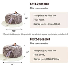 Bean Bag Flannel Sofa Chair (with 50LBS Filling,Gift: U-Shaped Pillow, Blanket Pillowcase,6FT Carpet),Round Soft Back Pillowcase