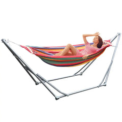 Double Hammock with Space Saving Metal Stand and Carrying Bag Indoor Hammock Stand Striped Print Dual-bar Rainbow Hanging Bed