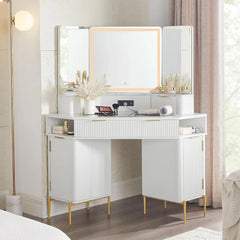 Fluted Makeup Vanity Desk with HD Triple Mirror and Lights,Modern Dressing Table Large Lighted Corner Vanity with Glass Top