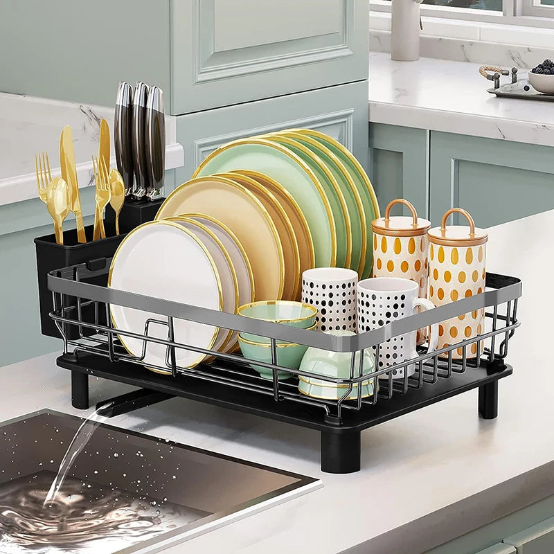 Iron Dish Drying Rack with Drainboard Drainers for Kitchen Counter Sink Adjustable Spout Strainers with Knife Utensil Holder