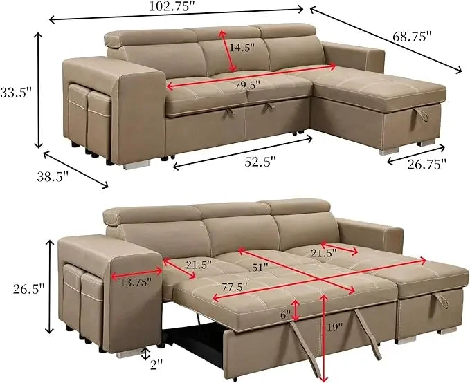 Microfiber Sectional Sleeper Sofa with Pull-Out Bed Chaise & Storage 5 Seater L-Shaped Couch with Adjustable Headrest and Stools