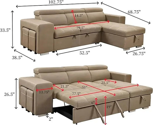 Microfiber Sectional Sleeper Sofa with Pull-Out Bed Chaise & Storage 5 Seater L-Shaped Couch with Adjustable Headrest and Stools