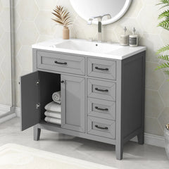 36" Bathroom Vanity with Sink Combo, Bathroom Cabinet with Drawers, Solid Frame and MDF Board, Grey