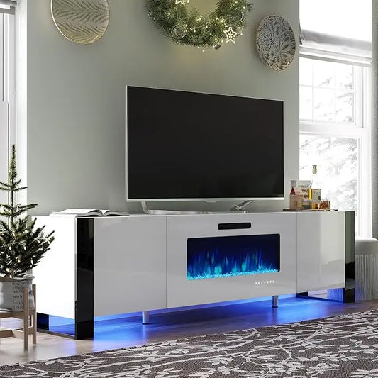 80" Fireplace TV Stand with 40" Electric Fireplace, High Gloss Entertainment Center with LED Lights, Modern Entertainment Stand