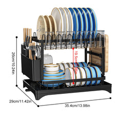 2 Tier Dish Bowl Drainer Storage Rack Kitchen Dish Drying Rack with Drain Basket Rust-Proof Countertop Dinnerware Organizer