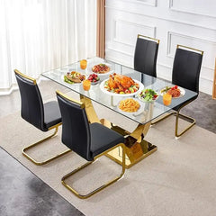 63” Glass Dining Table Set for 4,Modern Dining Room Table Set for 4,Kitchen Table and PU Leather Chairs for 4, Glass Top