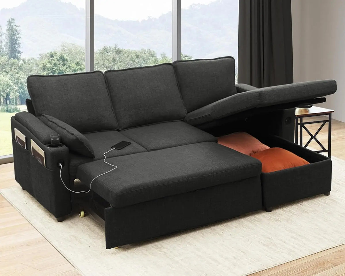 Sectional Sleeper Sofa Couches with Storage,USB, Cup Holder,Pullout Sectional Couches for Apartment Living Room (Dark Gray)