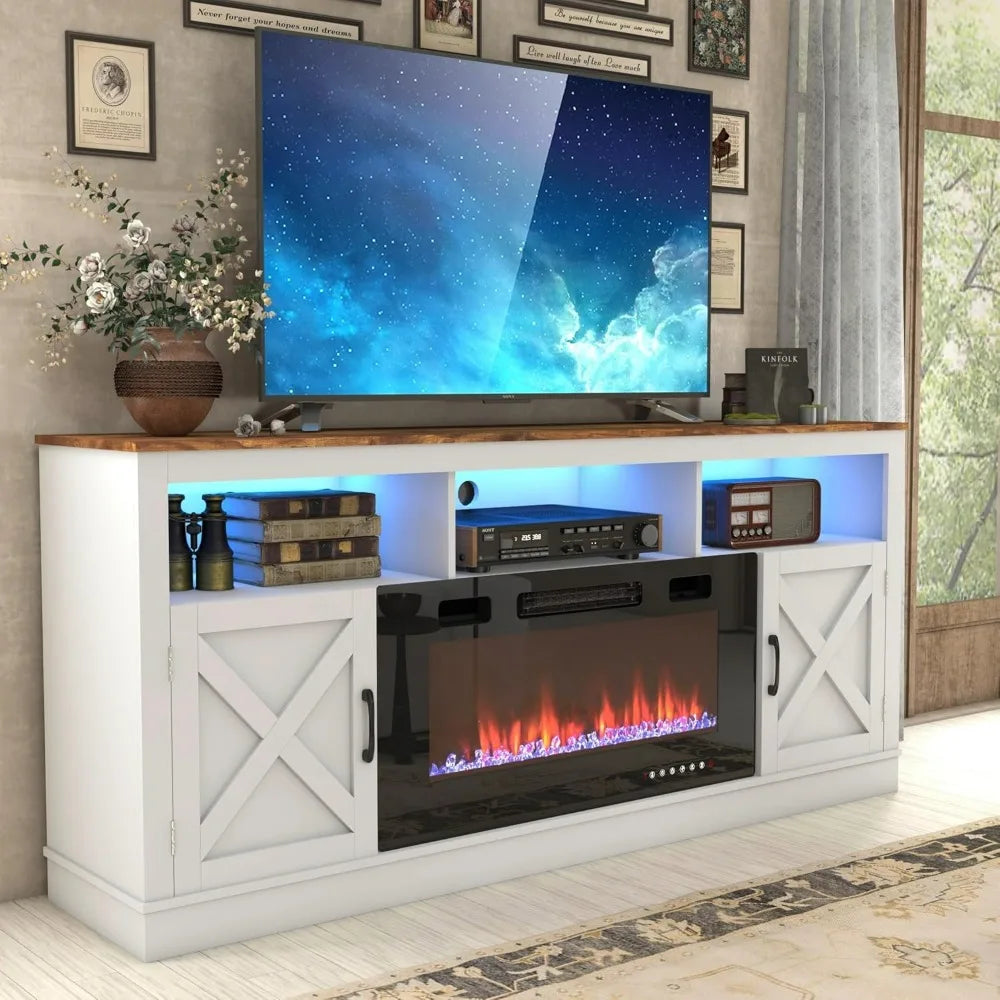 Farmhouse Fireplace TV Stand for 70/75/80 Inch TV, 32”Tall Entertainment Center w/ 36”Electric & LED Light, 70”Media Console