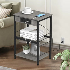 Bedside table with charging station, 3-story side table with USB port and socket, side table with living room with storage rack