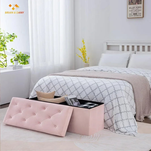 43 Inches Folding Storage Ottoman Bench, Velvet Ottoman with Footrest for Living Room, Long Shoes Bench, (Pink)