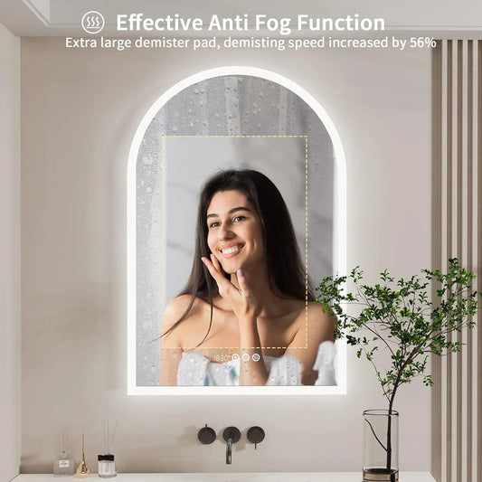 Backlit Smart LED Bathroom Mirror: 36 x 24 Inch Arched Dimmable 3 Colors Anti-Fog Lighted Mirrors with Time Temperature - CRI95