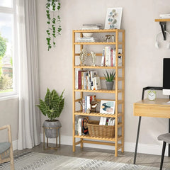 Homykic Bookshelf, 6-Tier Bamboo Adjustable 63.4” Tall Bookcase Book Shelf Organizer, Free Standing Storage Shelving Unit