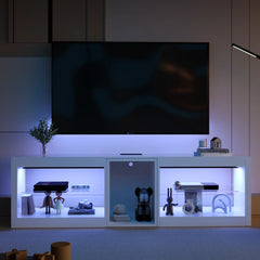 63in LED TV Stands for 65/70 inch TV, High Gloss Entertainment Center with 6.5ft Power Outlet , Modern TV Cabinet, White