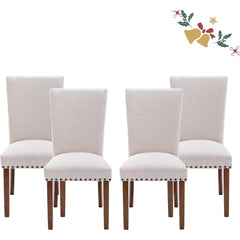 Dining Chairs Set of 4, Upholstered Nailhead Dining Room Kitchen Side Chair with Thick Cushions and Wood Legs, Beige