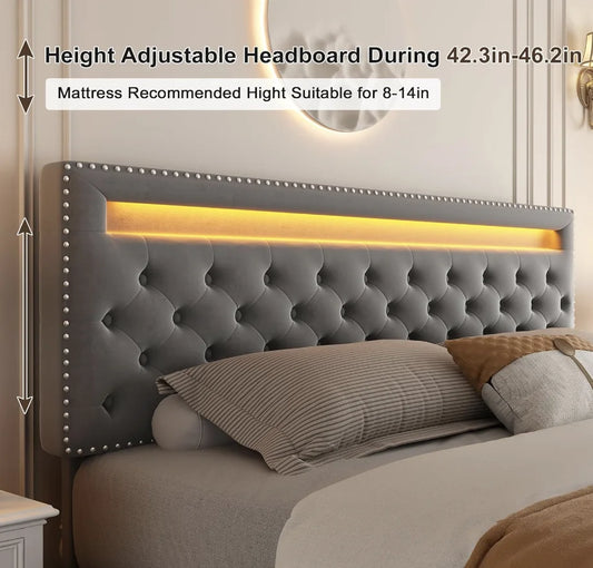 Bed Frame with 4 Storage Drawers, with Smart Control RGBW LED Lights Headboard Footboard, Control DIY Color, Box Sprin