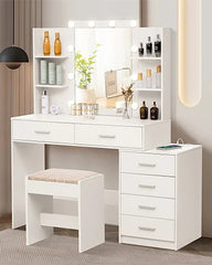 65.9'' Vanity Desk with LED Lighted Mirror;Power Outlet,Modern Corner Makeup Vanity Table 8 Drawers; Open Shelve, Dressing Table