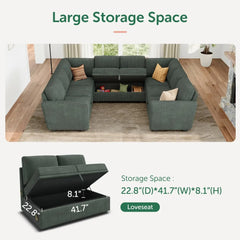 Modular Sectional Sleeper Sofa Bed, Corduroy Pull Out Couch with Storage Ottoman, U Shaped Sectional Couches for Living Room