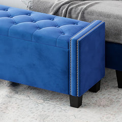 4-Pieces Bedroom Sets Queen Size Upholstered Bed Frame with Rivet Design,Nightstands and Tufted Storage Ottoman,Blue