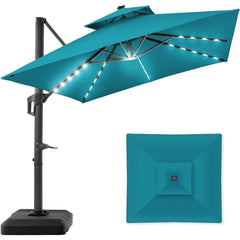 10x10ft 2-Tier Square Cantilever Patio Umbrella with Solar LED Lights, Offset Hanging Outdoor Sun Shade