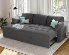 Pull Out Sofa Bed, Modern Tufted Convertible Sleeper Sofa, L Shaped Sofa Couch with Storage Chaise, Chenille Sectional Couch Bed