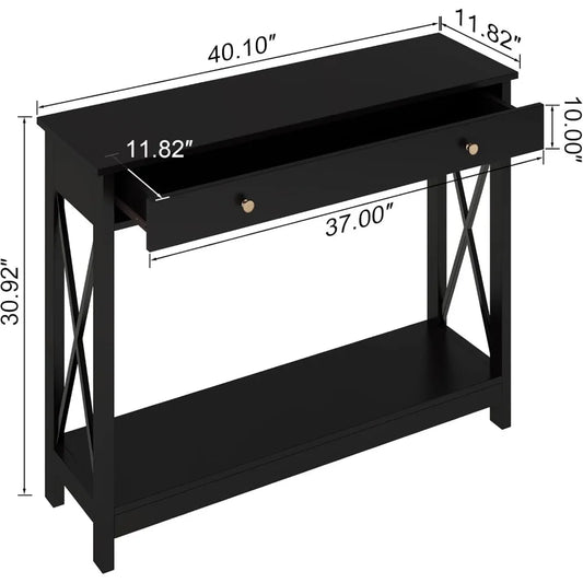 Black Console Table with Drawer and Storage Shelves, Foyer Sofa Table Narrow for Entryway, Living Room, Hallway